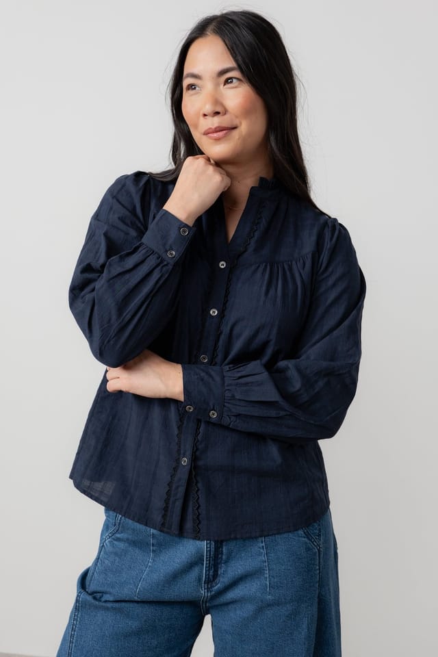 Lily & Me Lily & Me Women's Wayfaring Check Cotton Long Sleeve Blouse in Navy - 2