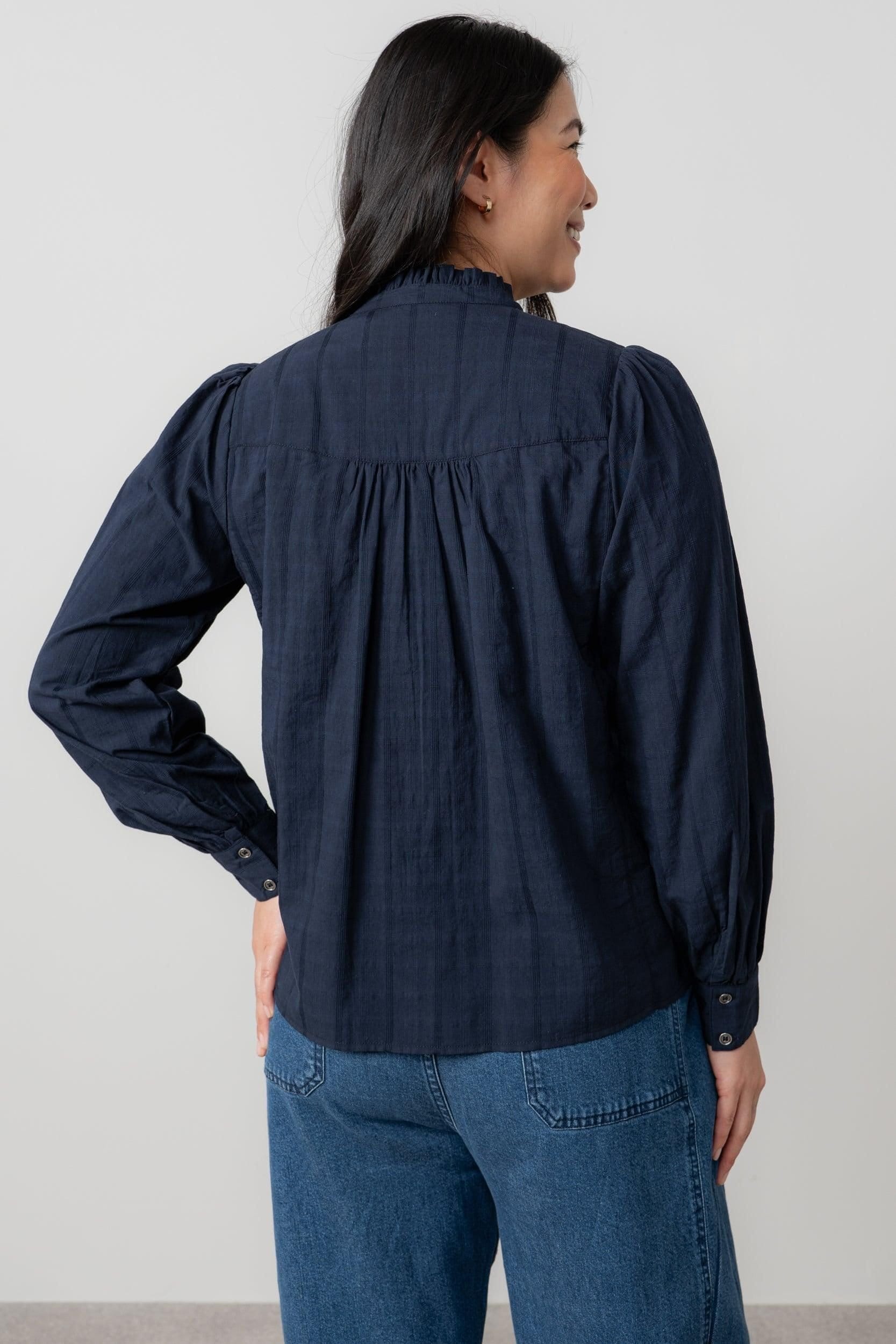 Lily & Me Lily & Me Women's Wayfaring Check Cotton Long Sleeve Blouse in Navy - 4