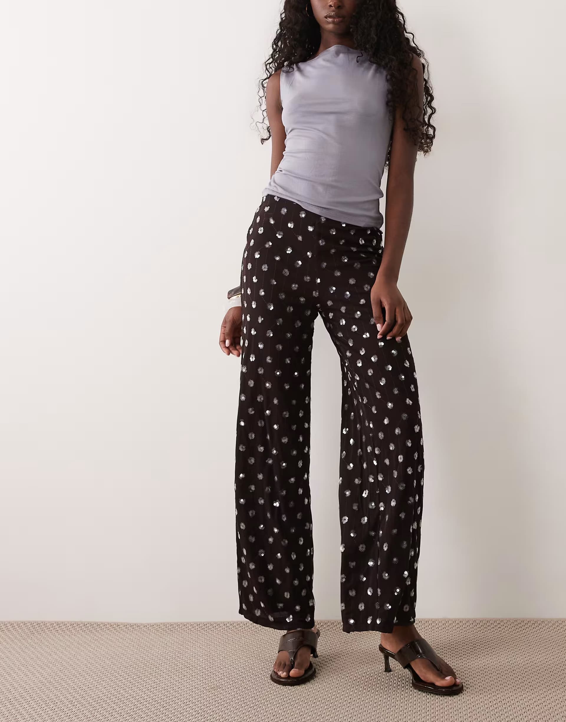 ASOS Mango Fiesta embellished straight trouser co-ord in chocolate brown