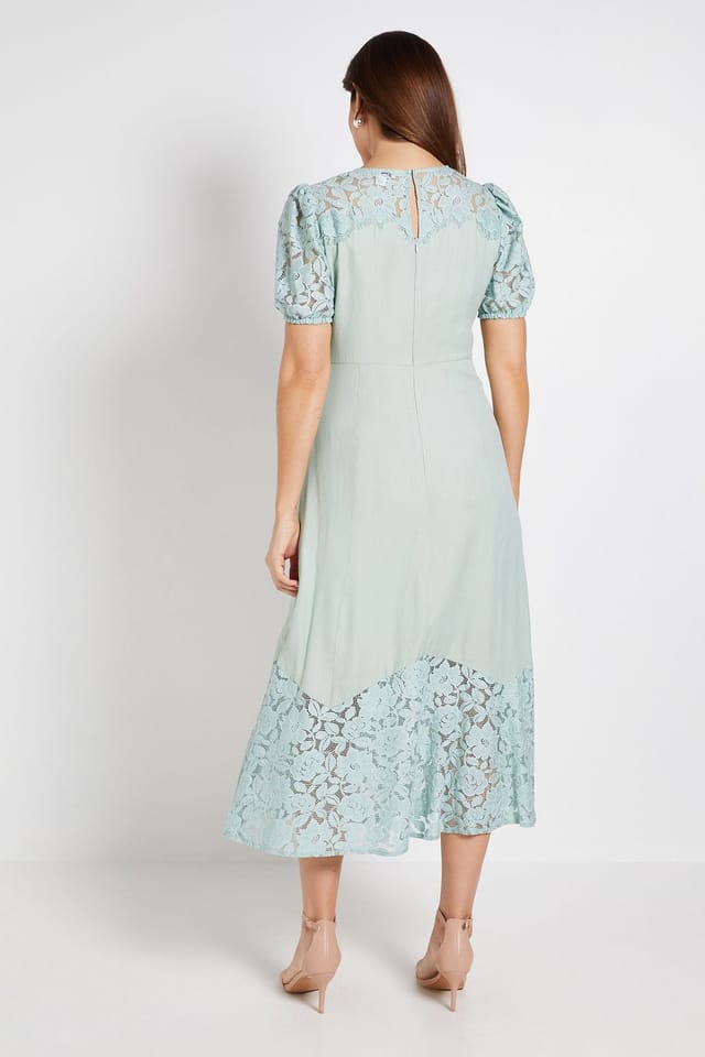 Wallis Wallis Women's Lace Puff Sleeve Midi Dress in Sage - 3