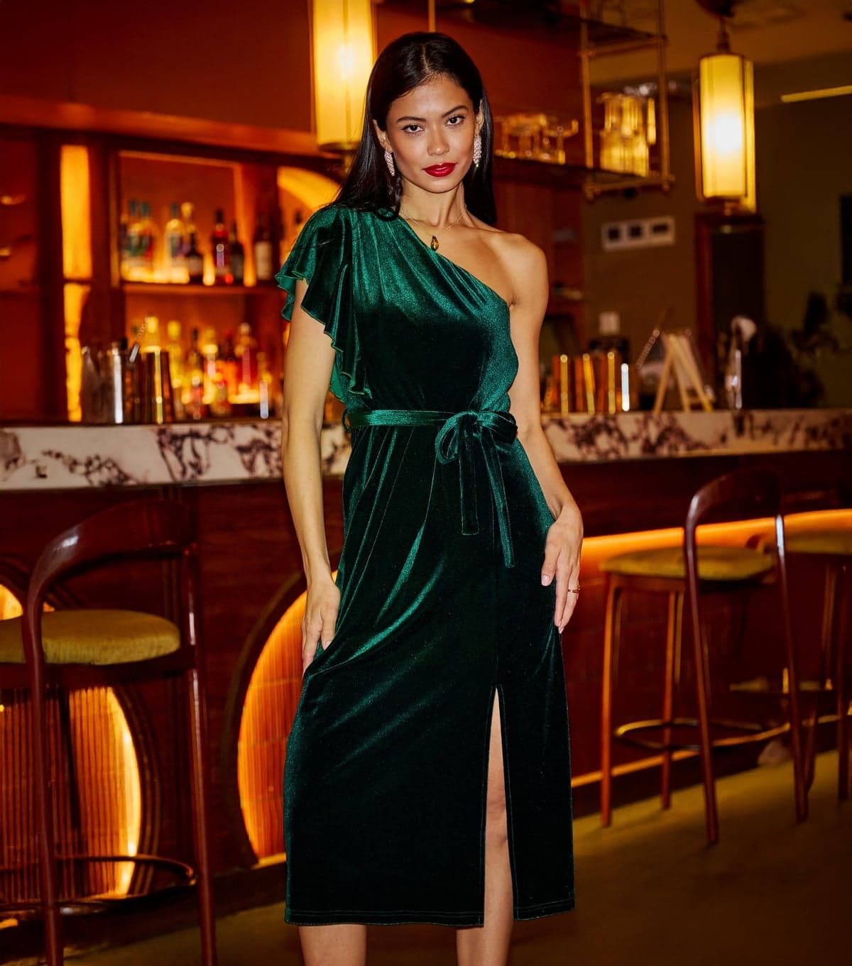 Yumi Women's Dark Green Velvet One Shoulder Midi Dress Yumi New Look