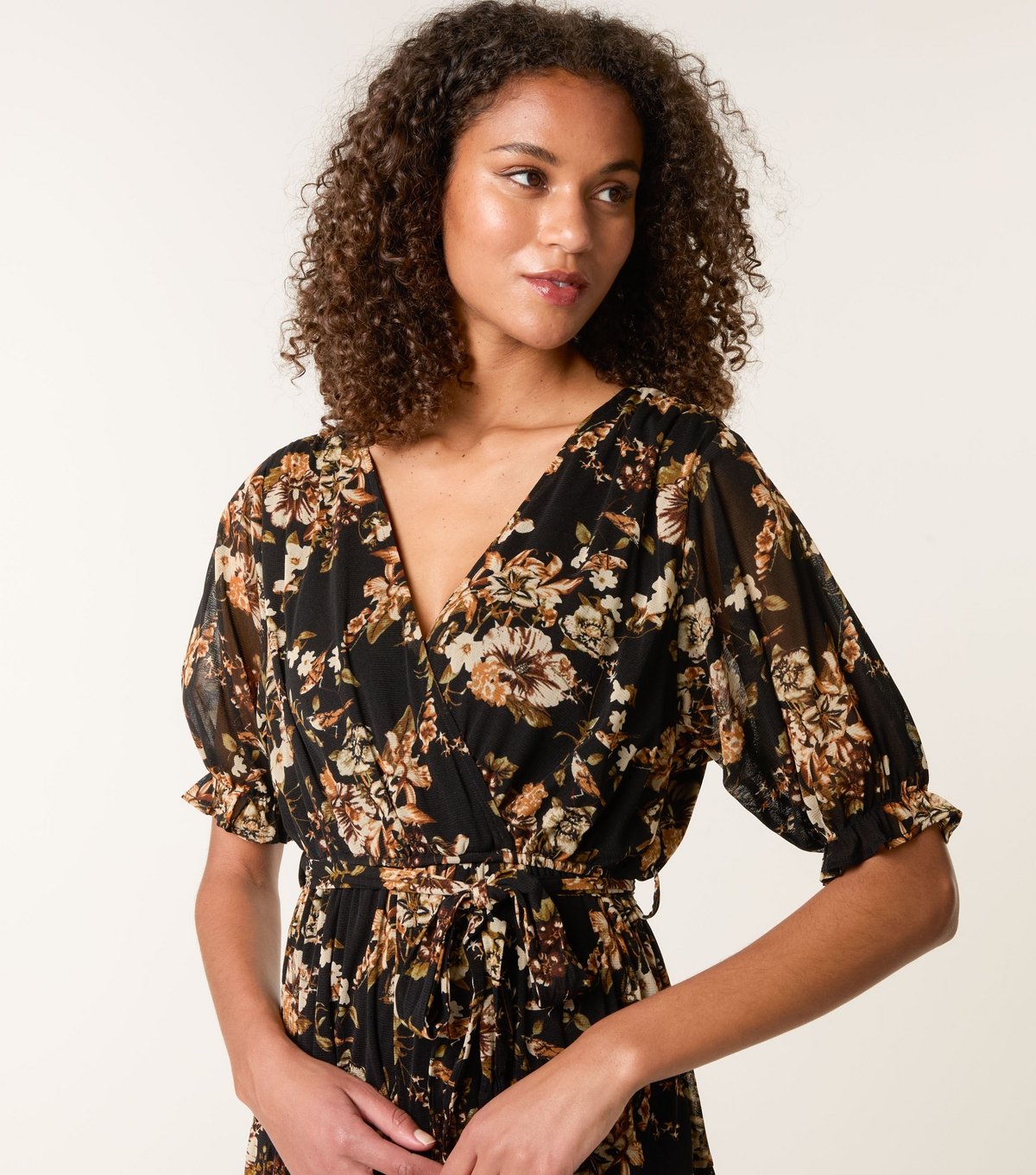 Blue Vanilla Women's Brown Floral Print Mesh Tiered Mini Dress Blue Vanilla New Look - 2