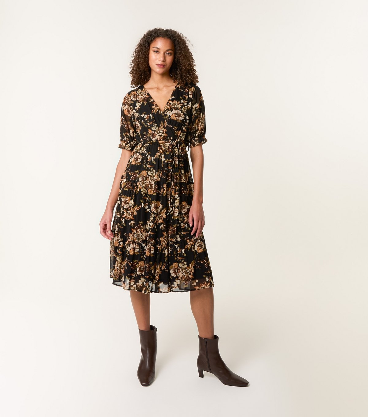 Blue Vanilla Women's Brown Floral Print Mesh Tiered Mini Dress Blue Vanilla New Look - 3