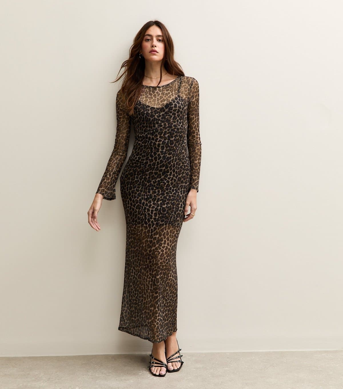 New Look Women's Brown Leopard Print Cowl Back Mesh Midi Dress New Look