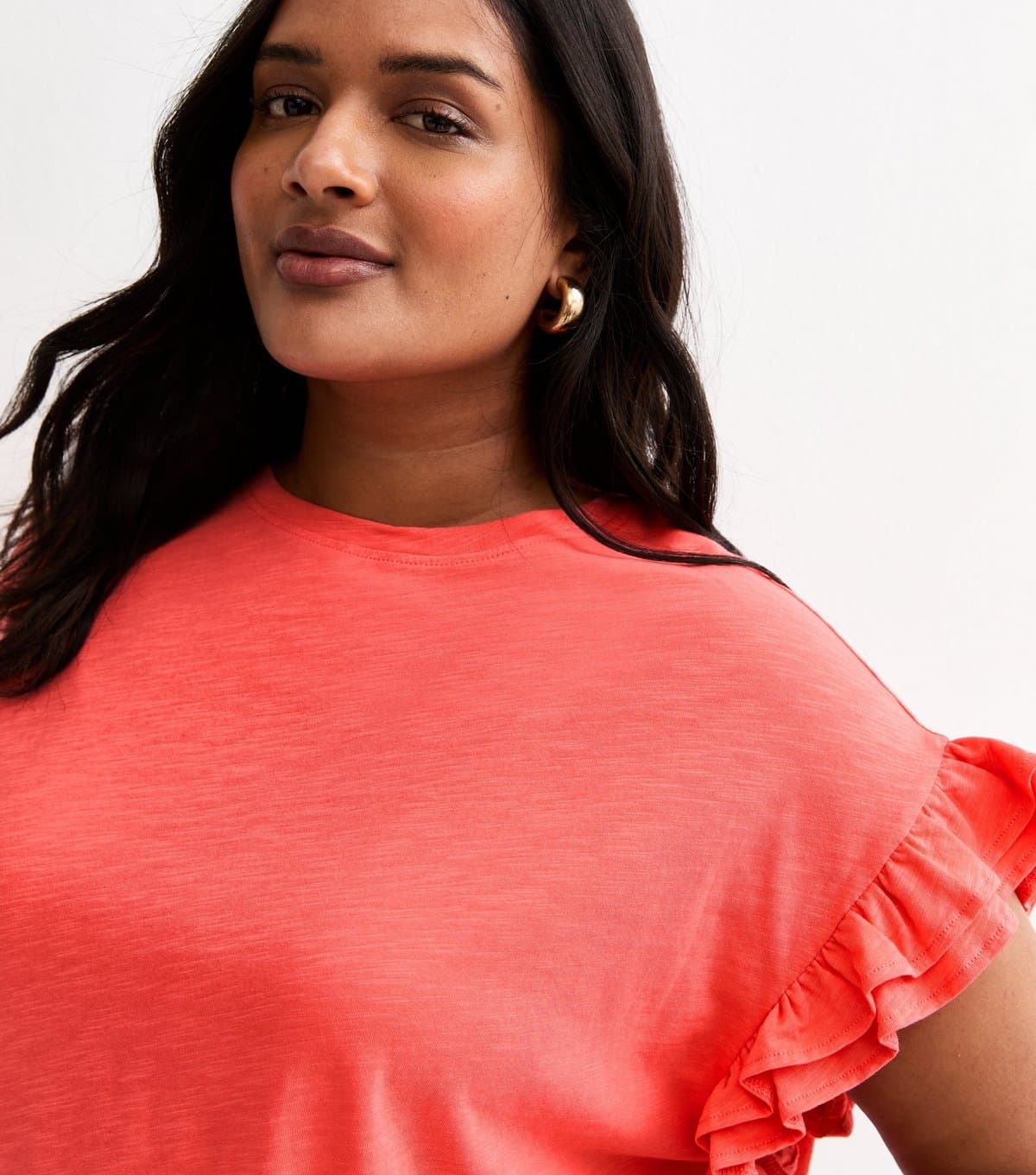 New Look Women's Plus Size Coral Frill Sleeve Slub Top Curves New Look