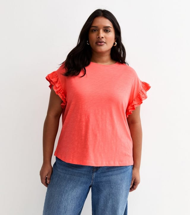 New Look Women's Plus Size Coral Frill Sleeve Slub Top Curves New Look - 2
