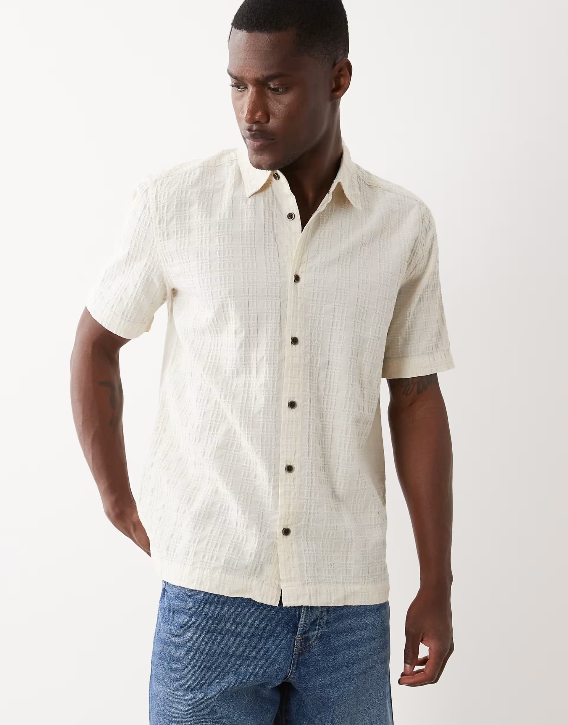 ASOS ONLY & SONS short sleeve textured shirt in cream