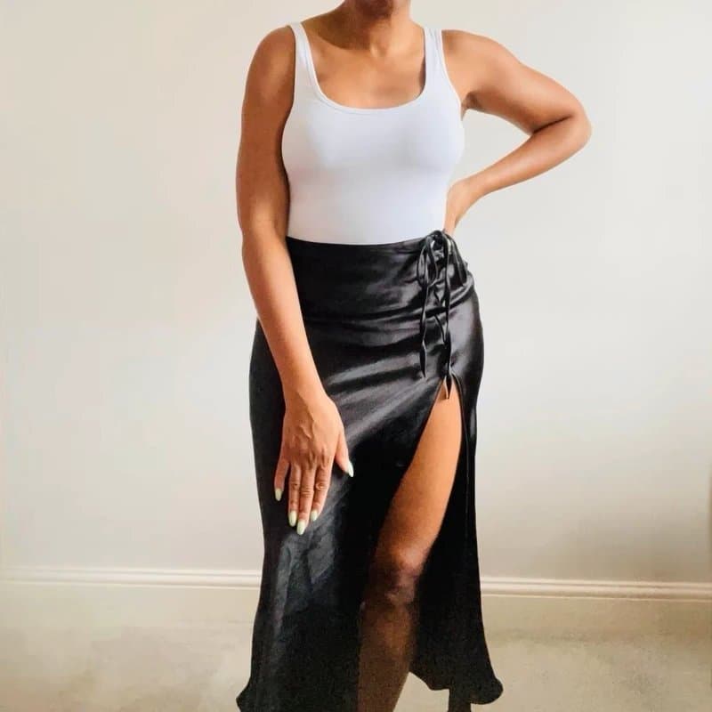 Topshop Topshop black satin midi skirt with tie detail Size 6