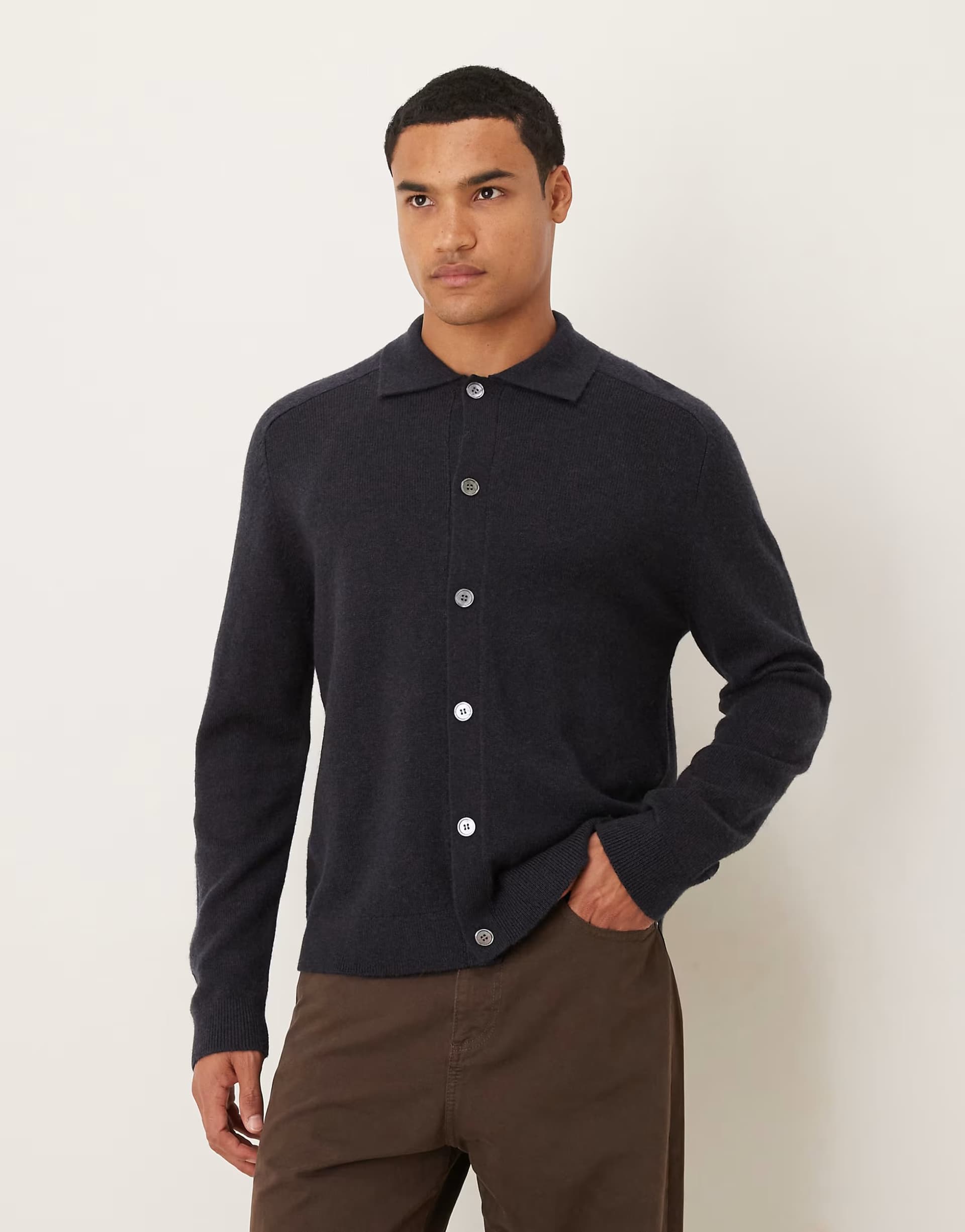 ASOS ARKET pure wool cardigan with button front and polo collar in navy blue