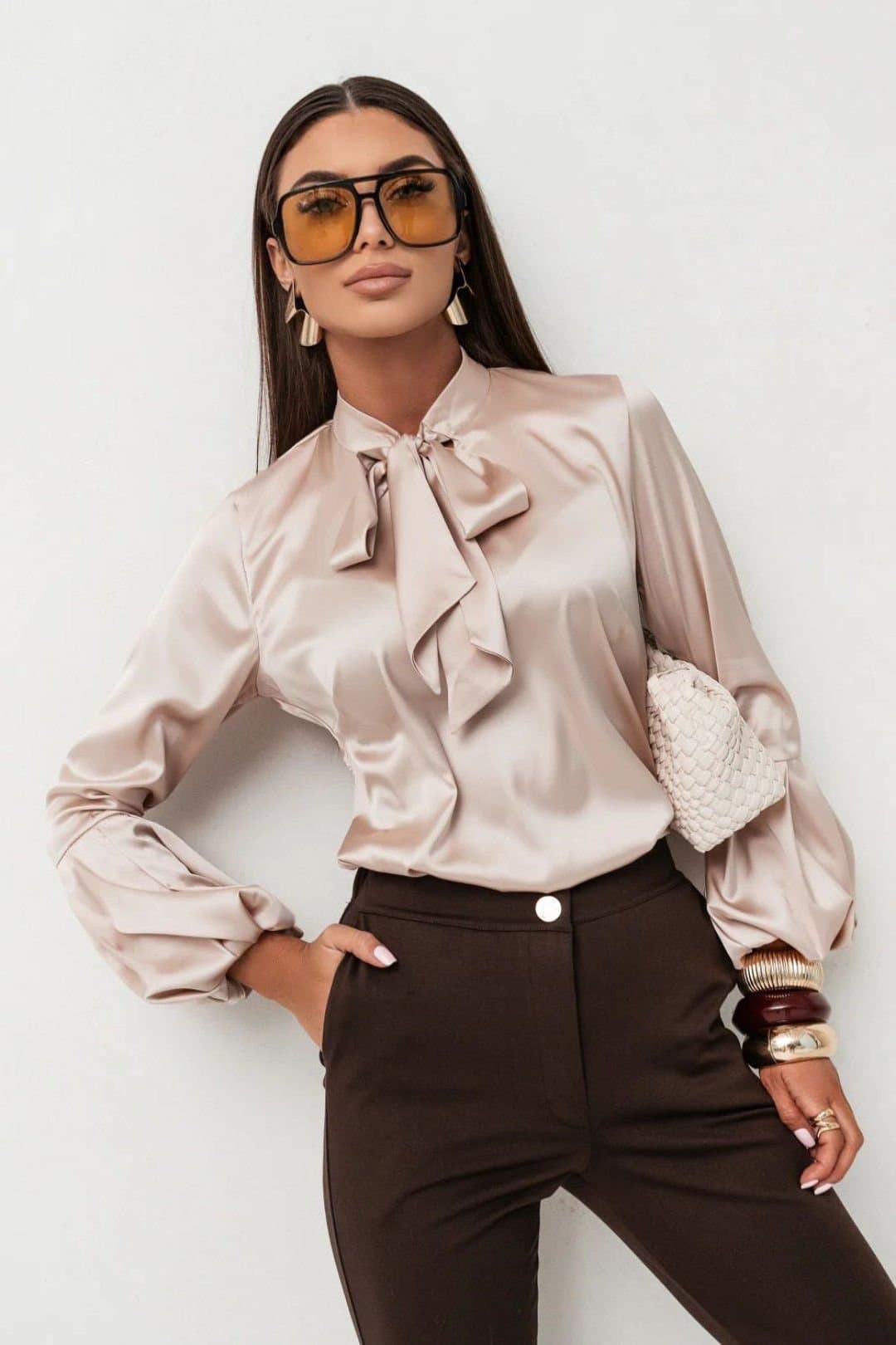 Love Lace Love Lace Beige Satin V-Neck Long Sleeve Shirt