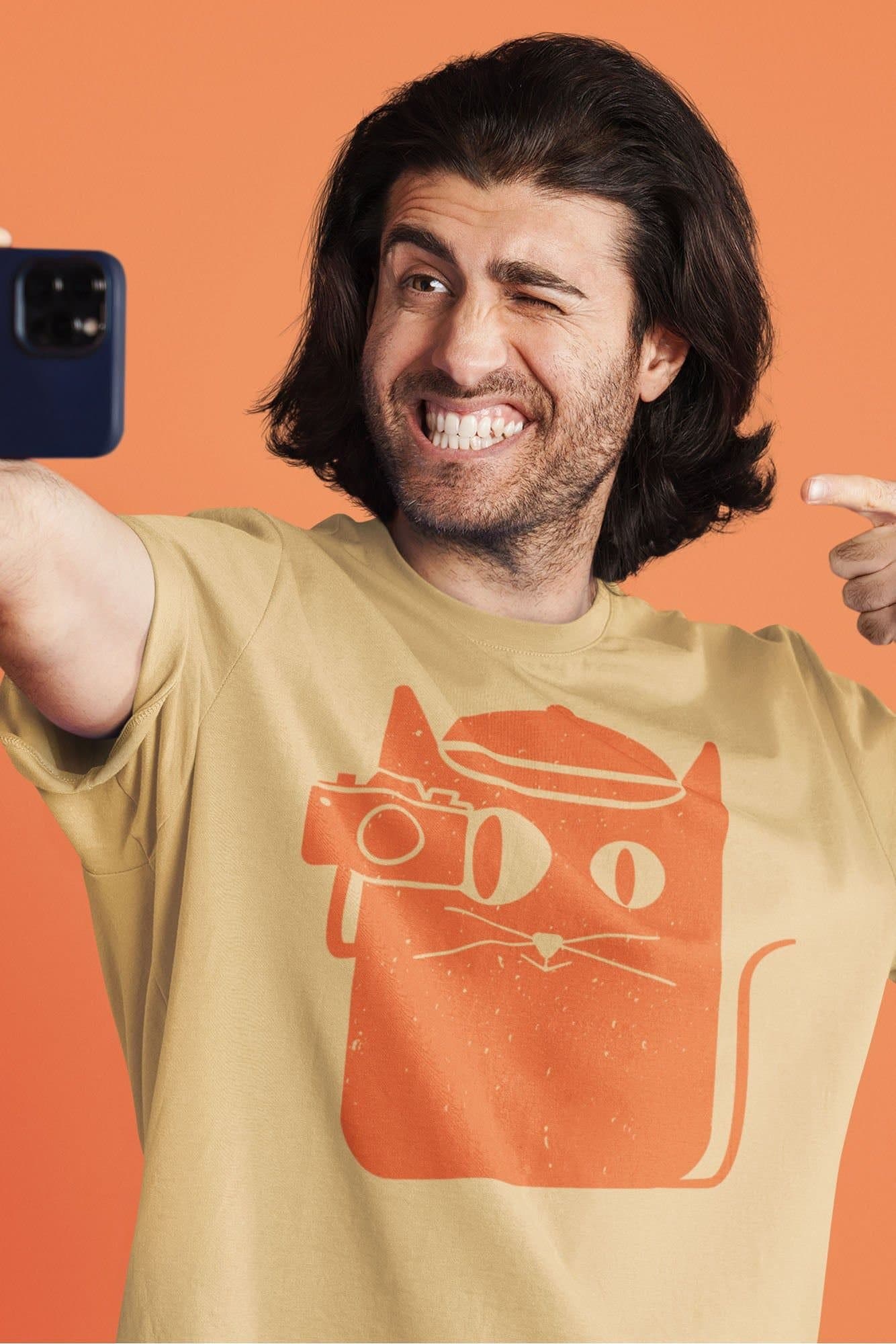 Bad Zebedee Bad Zebedee Men's Photographer Cat T-Shirt in Light Sand