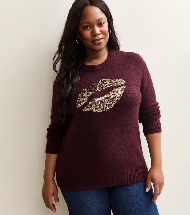 New Look Women's Plus Size Red Sequin Lips Embellished Jumper Curves New Look - 2