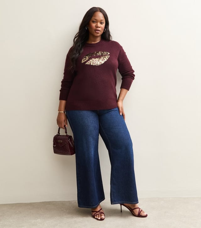 New Look Women's Plus Size Red Sequin Lips Embellished Jumper Curves New Look - 3