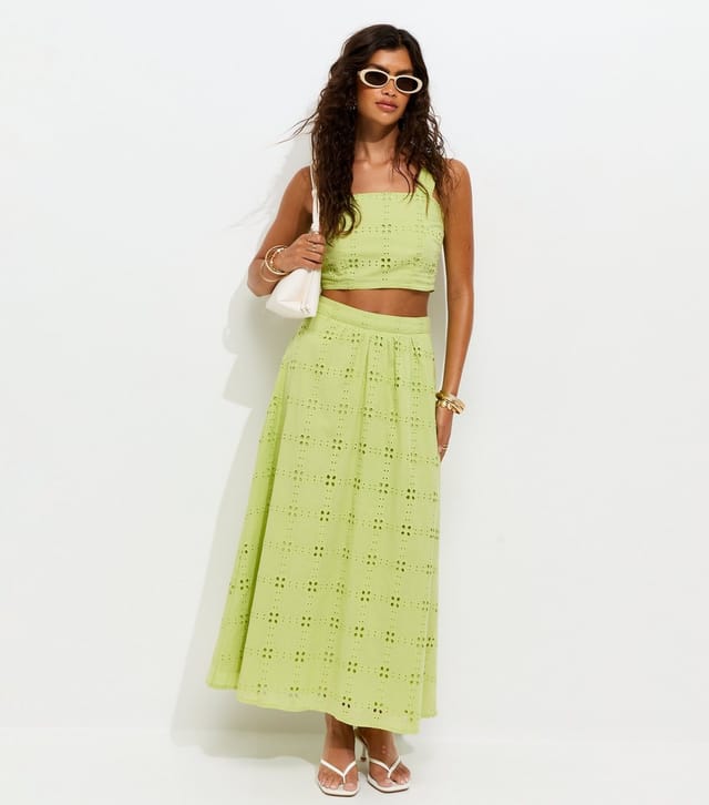 New Look Women's Light Green Cotton Grid Lace Cropped Cami Top New Look - 3