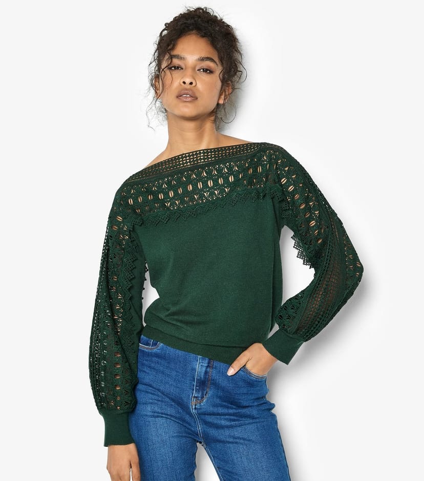 Apricot Women's Dark Green Lace Detail and Sleeve Detail Jumper Apricot New Look - 1