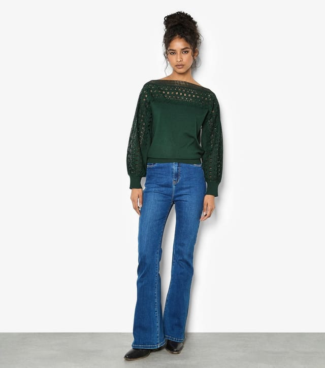 Apricot Women's Dark Green Lace Detail and Sleeve Detail Jumper Apricot New Look - 2