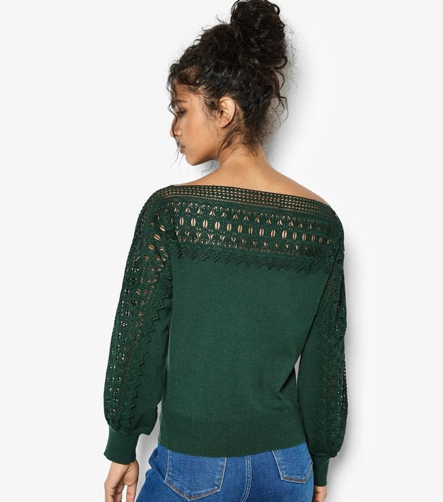 Apricot Women's Dark Green Lace Detail and Sleeve Detail Jumper Apricot New Look - 3