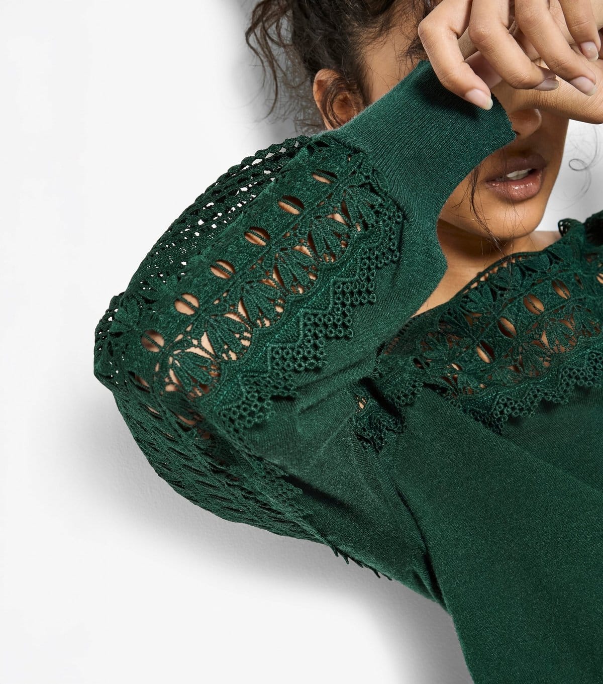 Apricot Women's Dark Green Lace Detail and Sleeve Detail Jumper Apricot New Look - 4