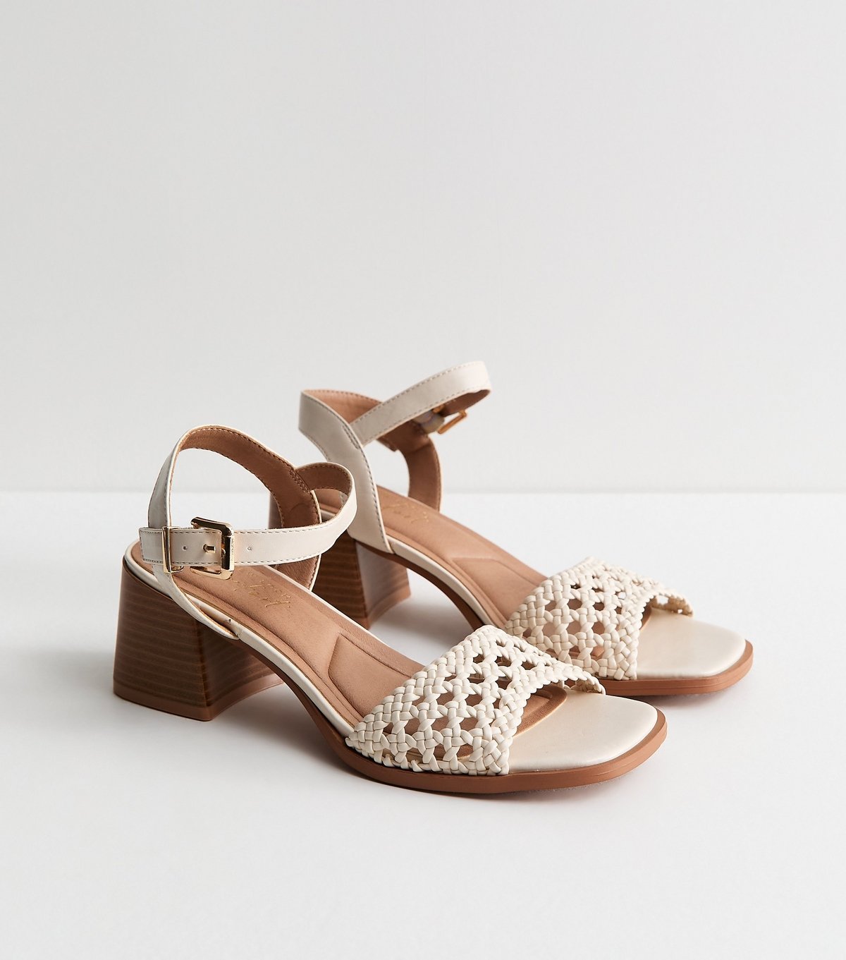 New Look Women's White Faux Leather Woven Strap Block Heel Sandals Vegan New Look - 3