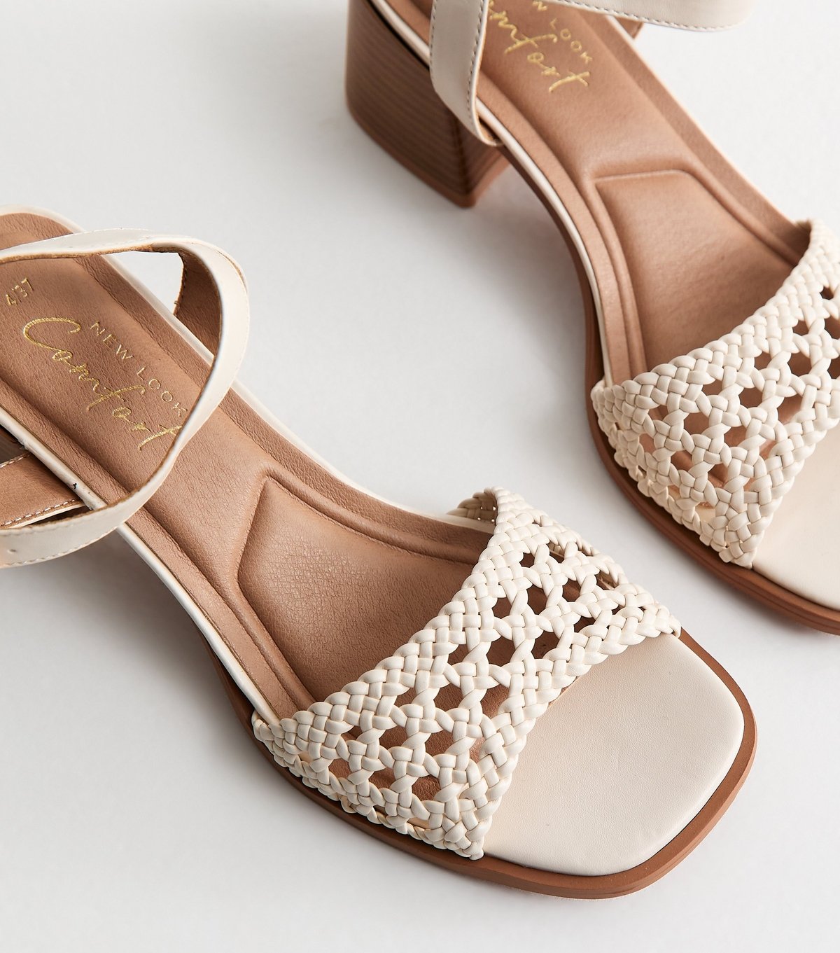New Look Women's White Faux Leather Woven Strap Block Heel Sandals Vegan New Look - 4
