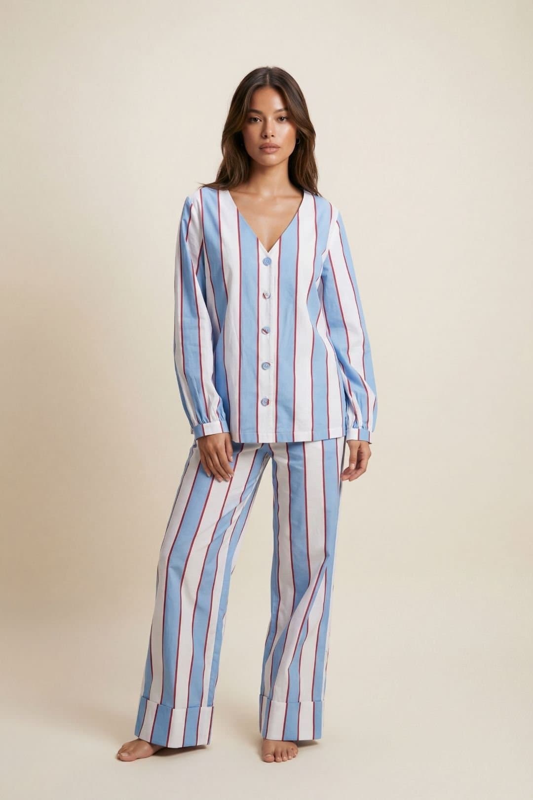 The Night Store The Night Store Women's Stripe Cotton V Neck Pyjama Trouser Set in Light Blue