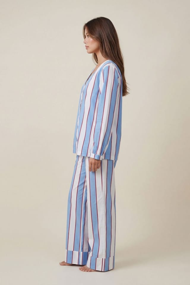The Night Store The Night Store Women's Stripe Cotton V Neck Pyjama Trouser Set in Light Blue - 2