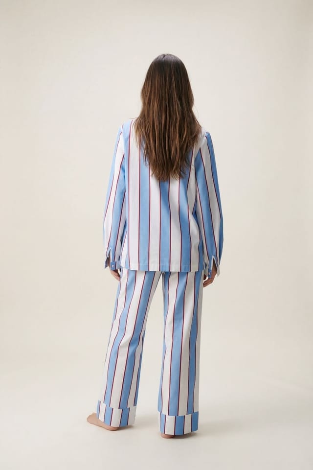 The Night Store The Night Store Women's Stripe Cotton V Neck Pyjama Trouser Set in Light Blue - 3