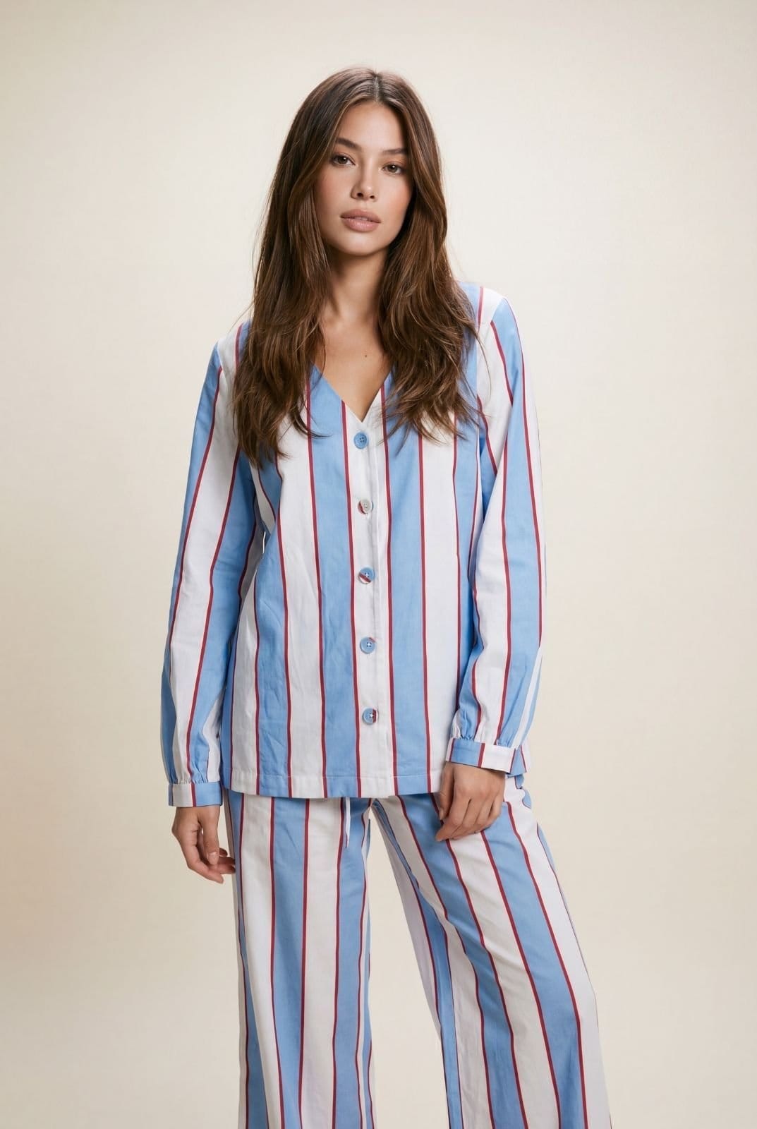 The Night Store The Night Store Women's Stripe Cotton V Neck Pyjama Trouser Set in Light Blue - 4