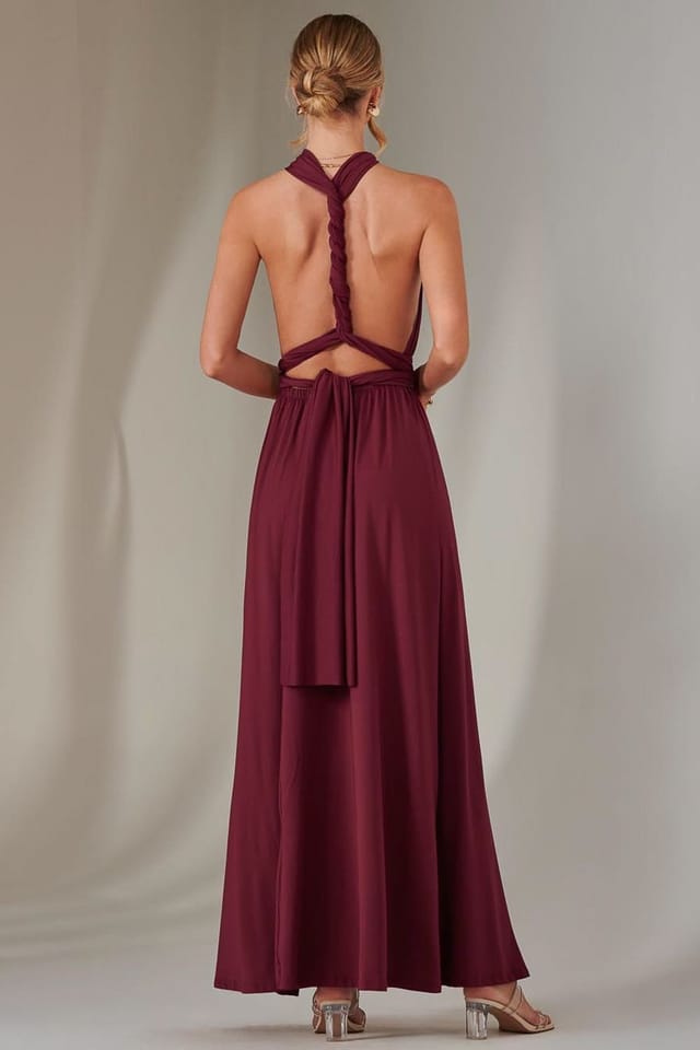 Jolie Moi Jolie Moi Women's Halter Neck Maxi Bridesmaid Dress in Burgundy - 2