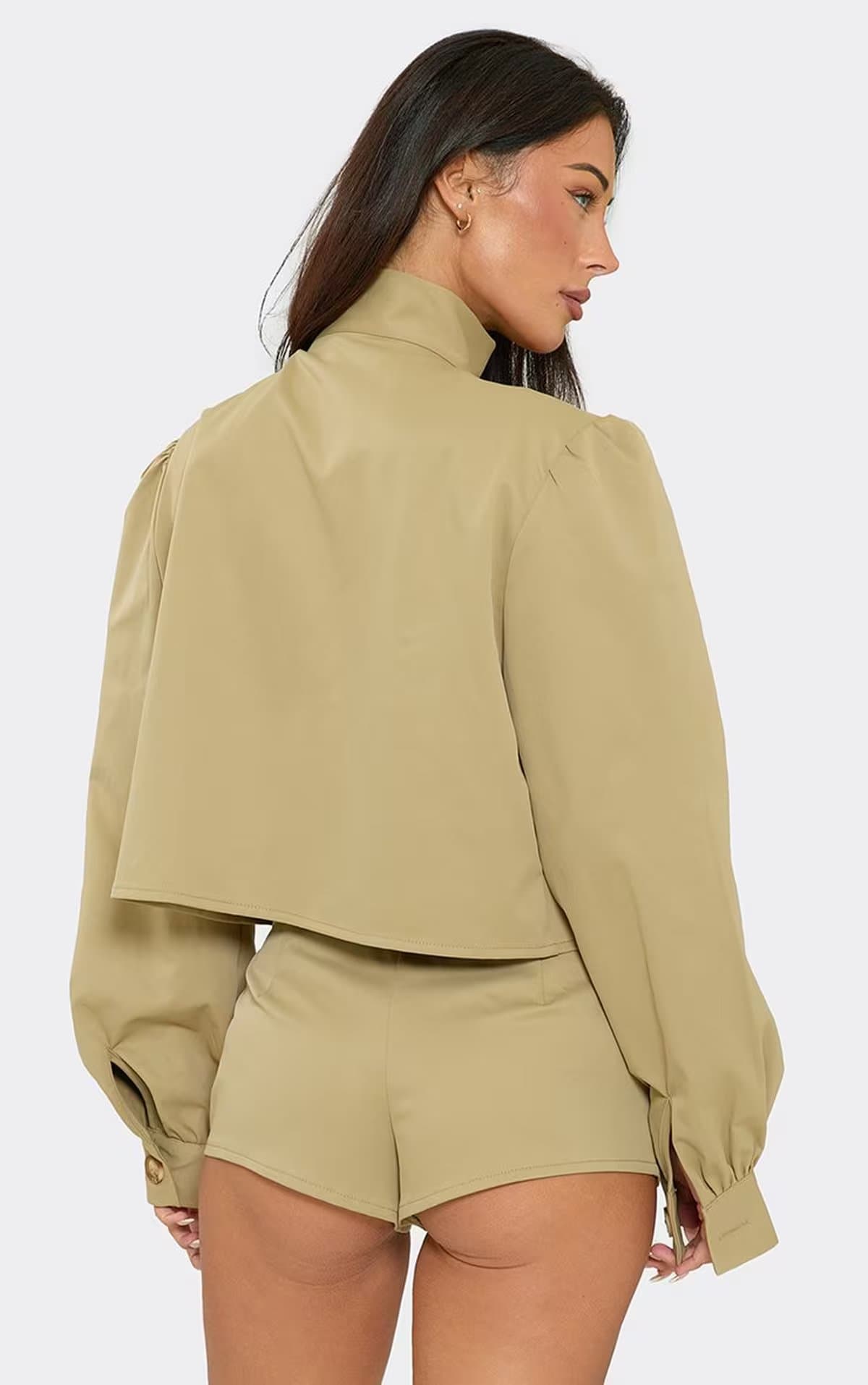 EGO Long Sleeve High Neck Button Up Jacket In Taupe, Women's Size UK 6