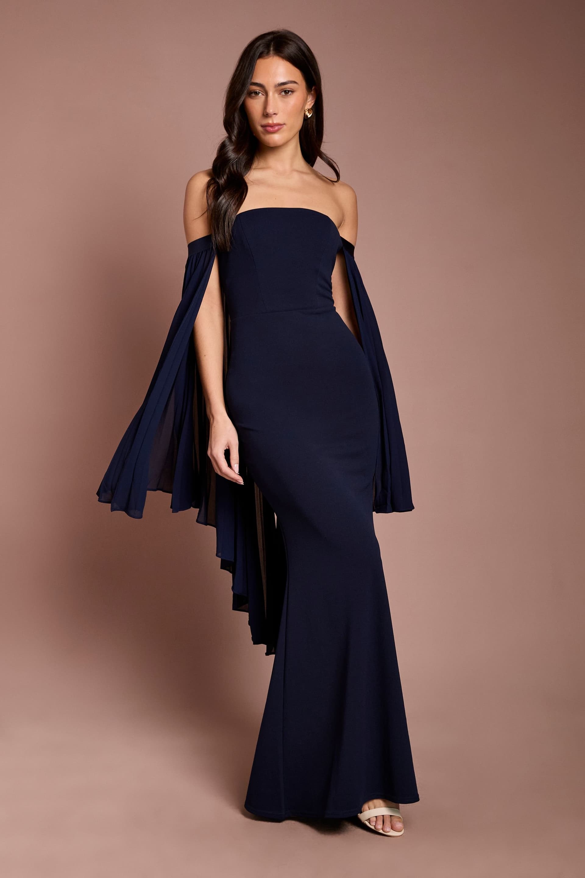 Coast Coast Women's Strapless Maxi Dress With Pleated Chiffon Cape in Navy