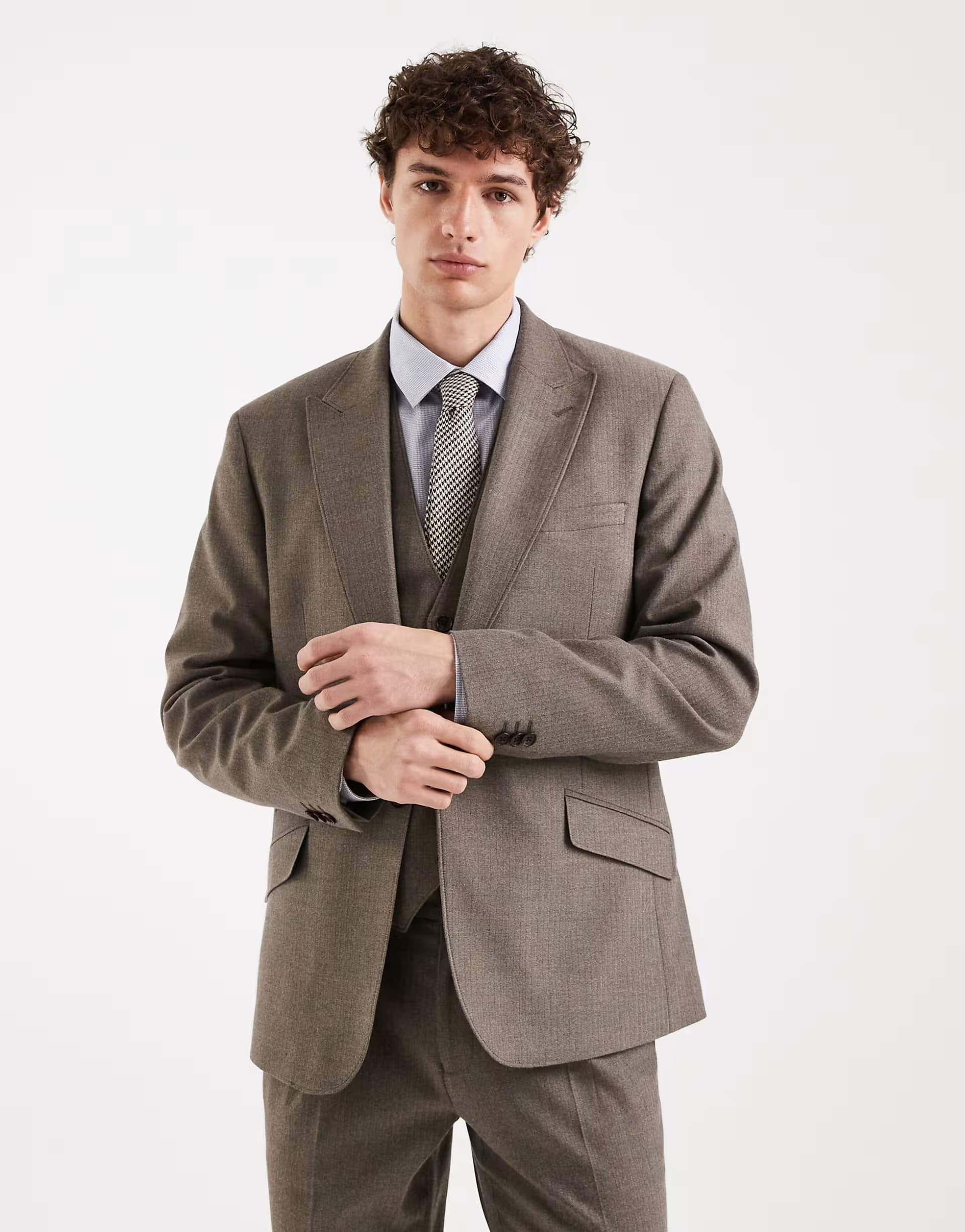 ASOS ASOS DESIGN skinny wool look suit jacket in khaki herringbone flannel