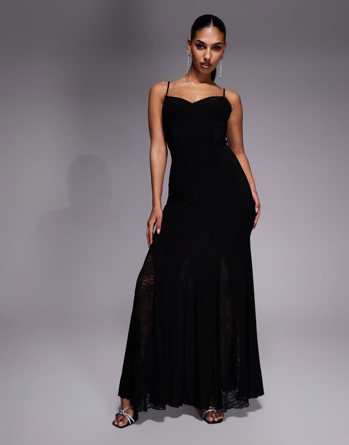 ASOS Fashionkilla exclusive slinky lace goget detail low back cami maxi dress in black - 1