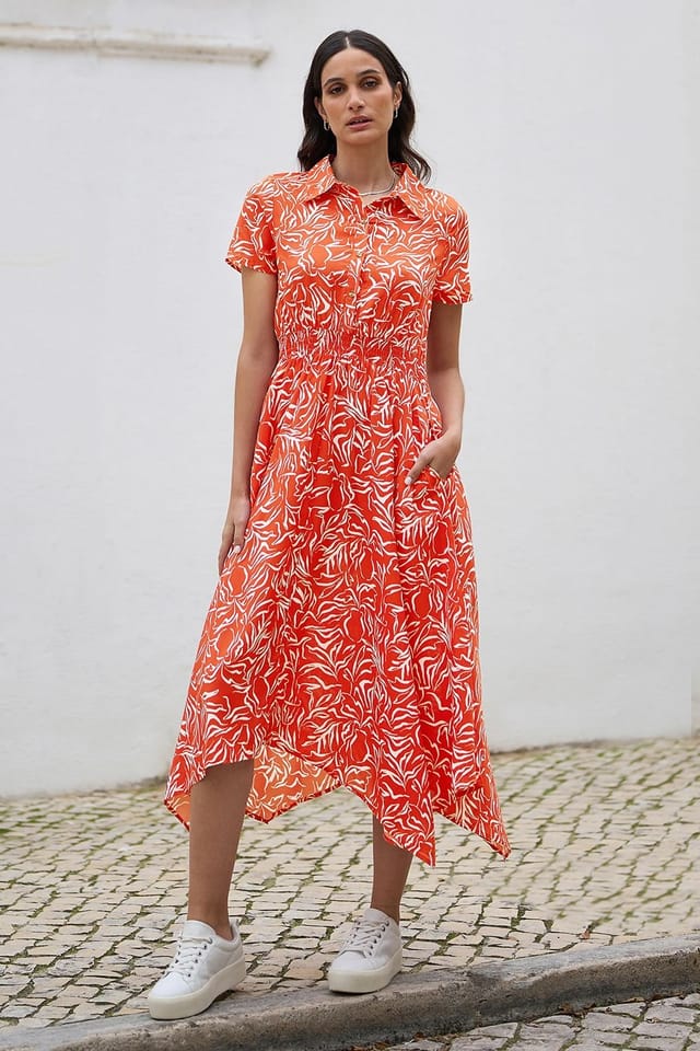 Yumi Yumi Women's Coral Tropical Leaf print Midi Ruched Shirt Dress - 2
