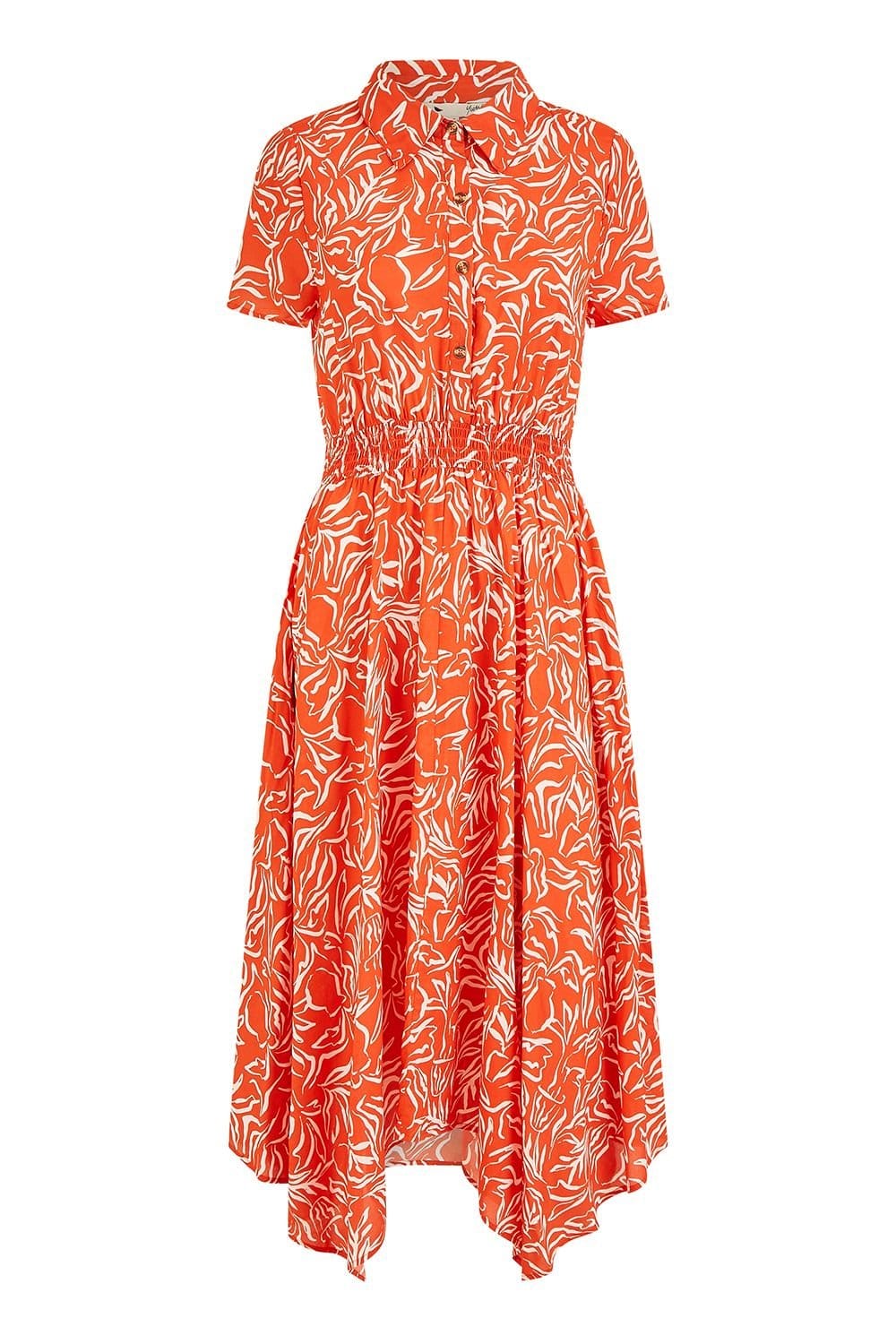 Yumi Yumi Women's Coral Tropical Leaf print Midi Ruched Shirt Dress - 4