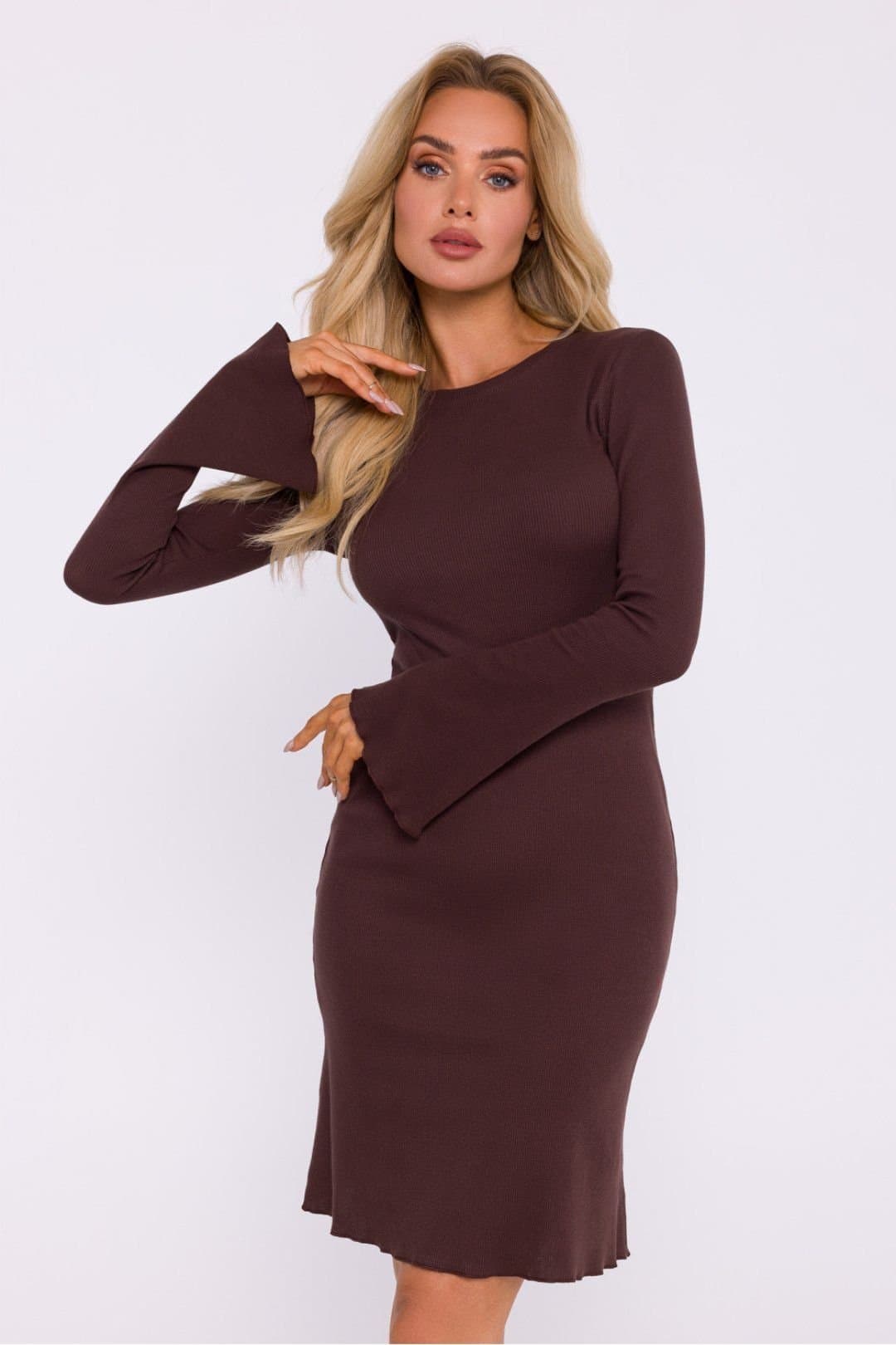 Love Lace Love Lace Women's Ribbed Cotton Knit Long Sleeve Hem Trim Dress in Brown