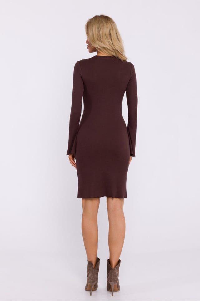 Love Lace Love Lace Women's Ribbed Cotton Knit Long Sleeve Hem Trim Dress in Brown - 3