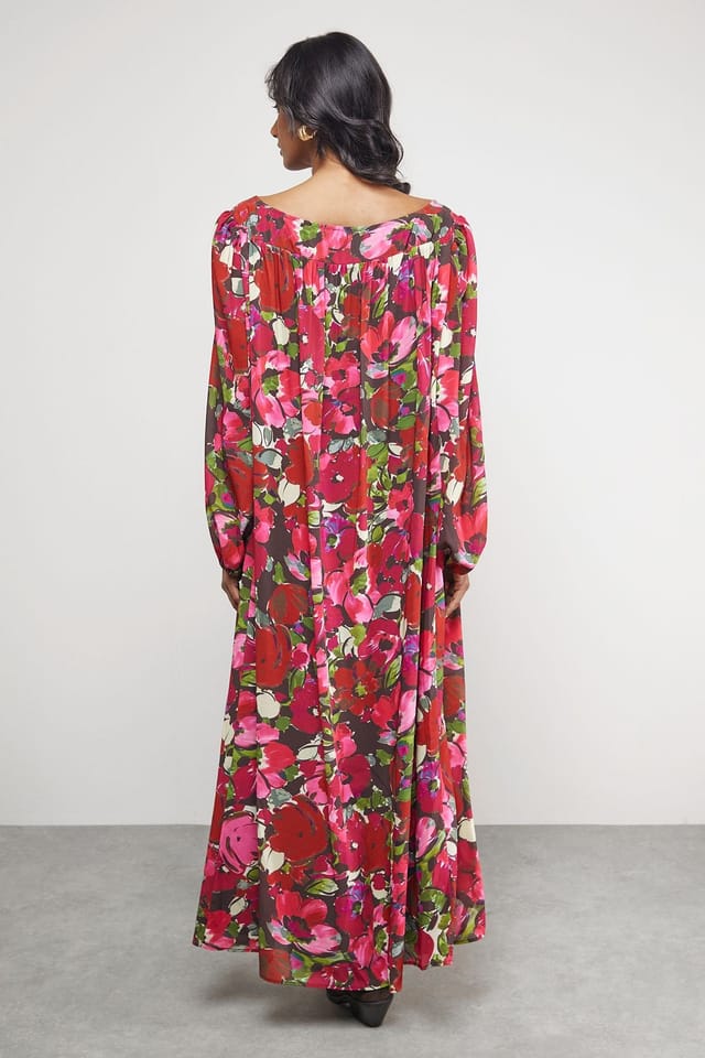 Warehouse Warehouse Women's Chiffon Tie Front Volume Midi Smock Dress in Floral - 3