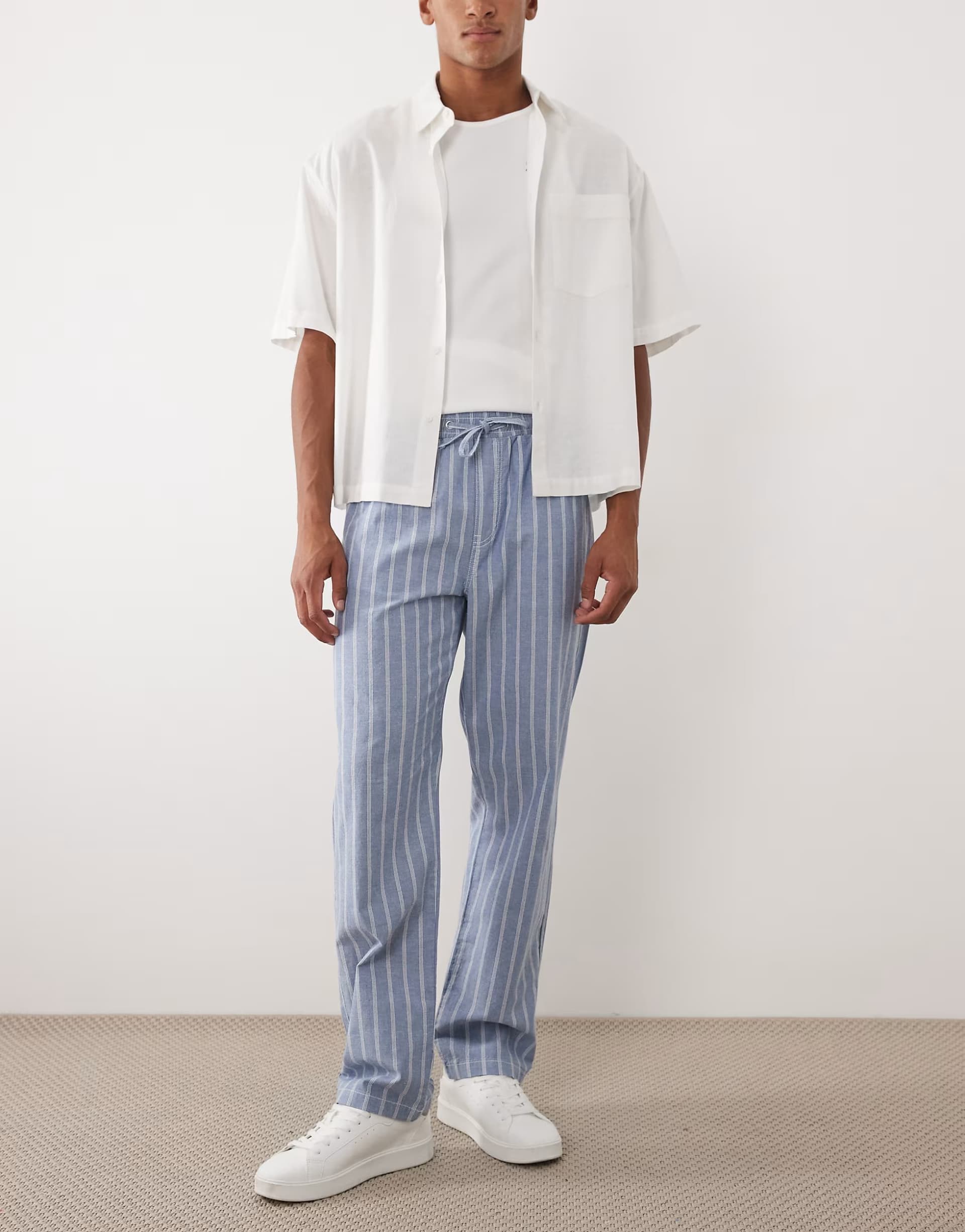 ASOS ASOS DESIGN Textured Blue Stripe Straight Fit Trousers