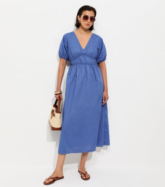 New Look Women's Blue Poplin Ruched Detail Midi Dress New Look - 3