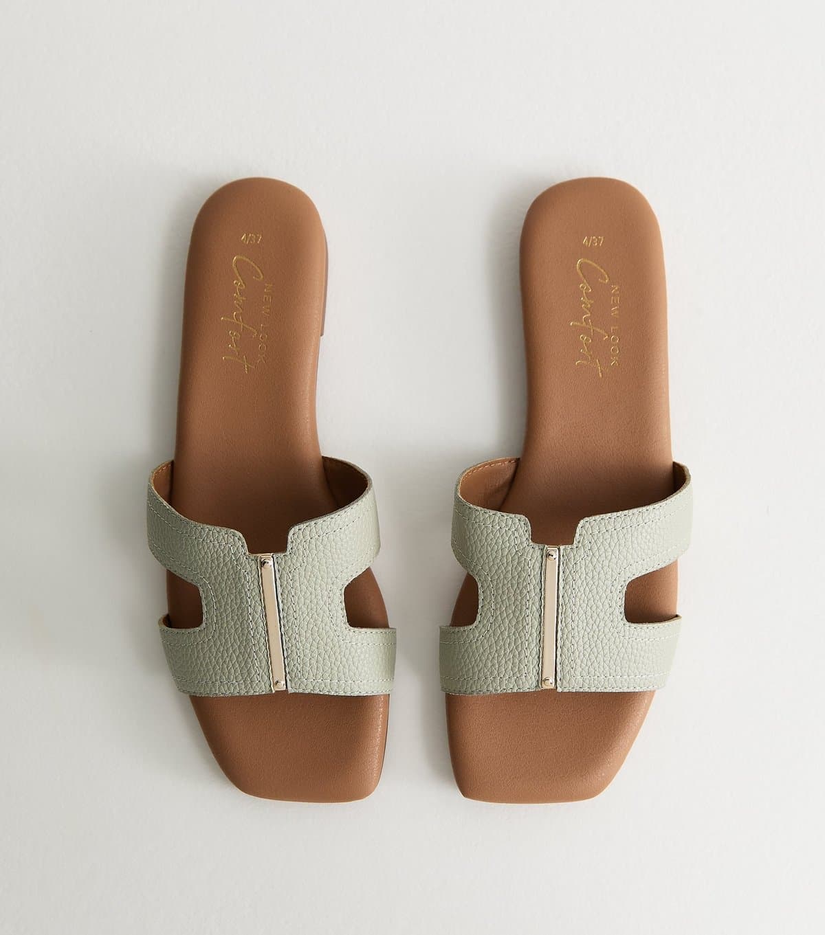 New Look Women's Mint Green Grained Faux Leather Metal Bar Mule Sandals Vegan New Look