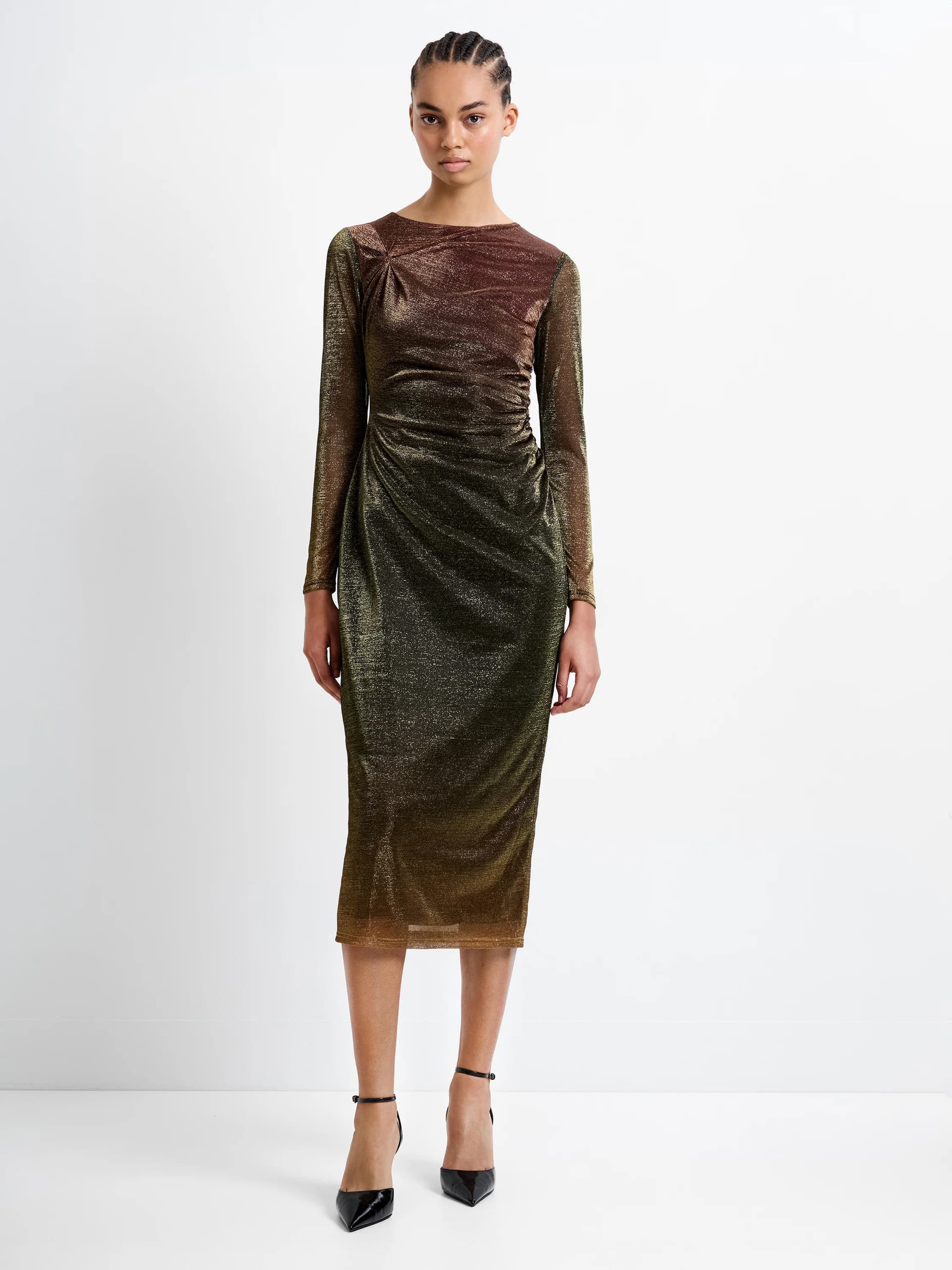 French Connection Lurex Long Sleeve Midi Dress Bronze Ombre