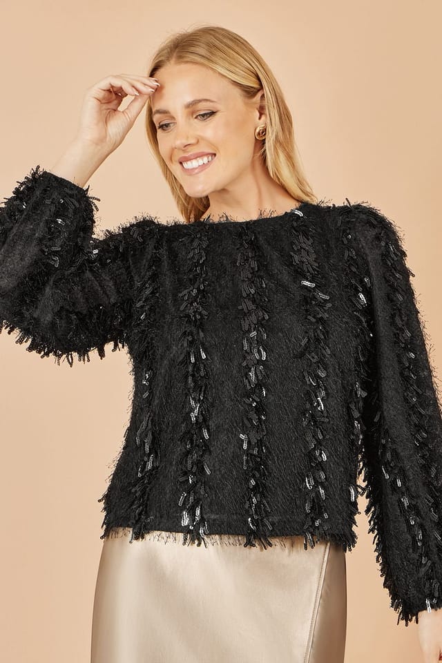 Yumi Yumi Women's Black Hanging Sequin Long Sleeve Top - 2