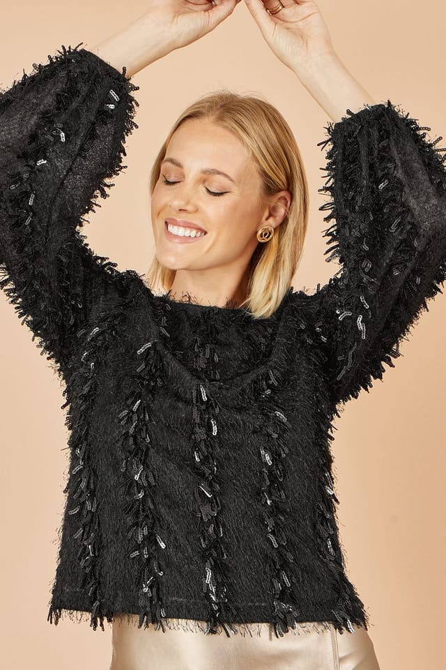 Yumi Yumi Women's Black Hanging Sequin Long Sleeve Top - 3