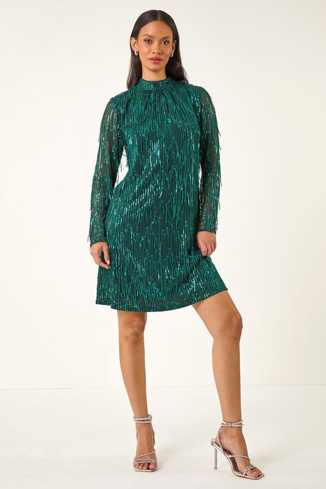 Dusk Dusk Women's All Over Fringe Shift Dress in Green - 3