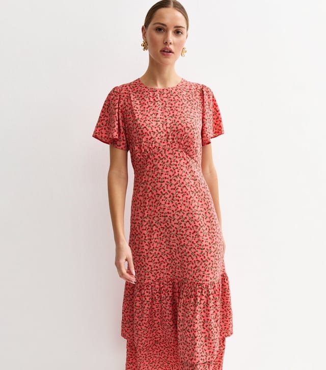 New Look Women's Pink Floral Flutter Sleeve Tiered Midi Dress New Look - 2