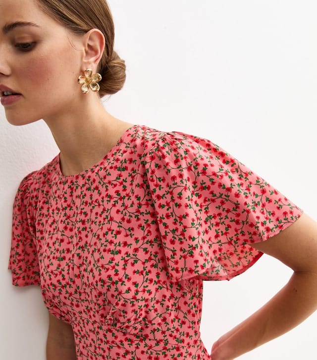 New Look Women's Pink Floral Flutter Sleeve Tiered Midi Dress New Look - 3