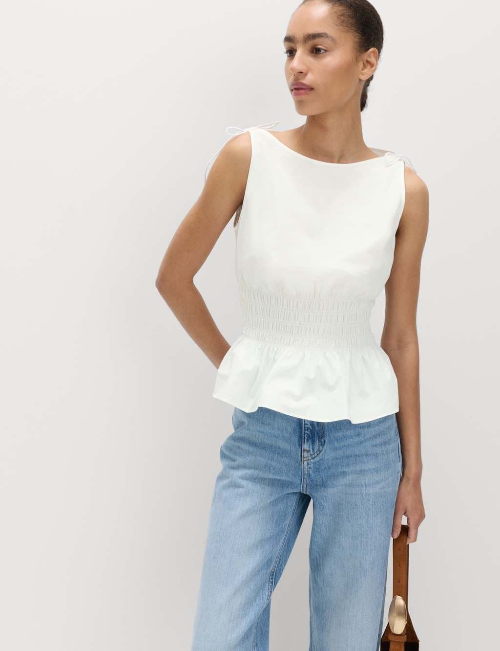 Marks & Spencer M&S Soft White Cotton Shirred Peplum Top