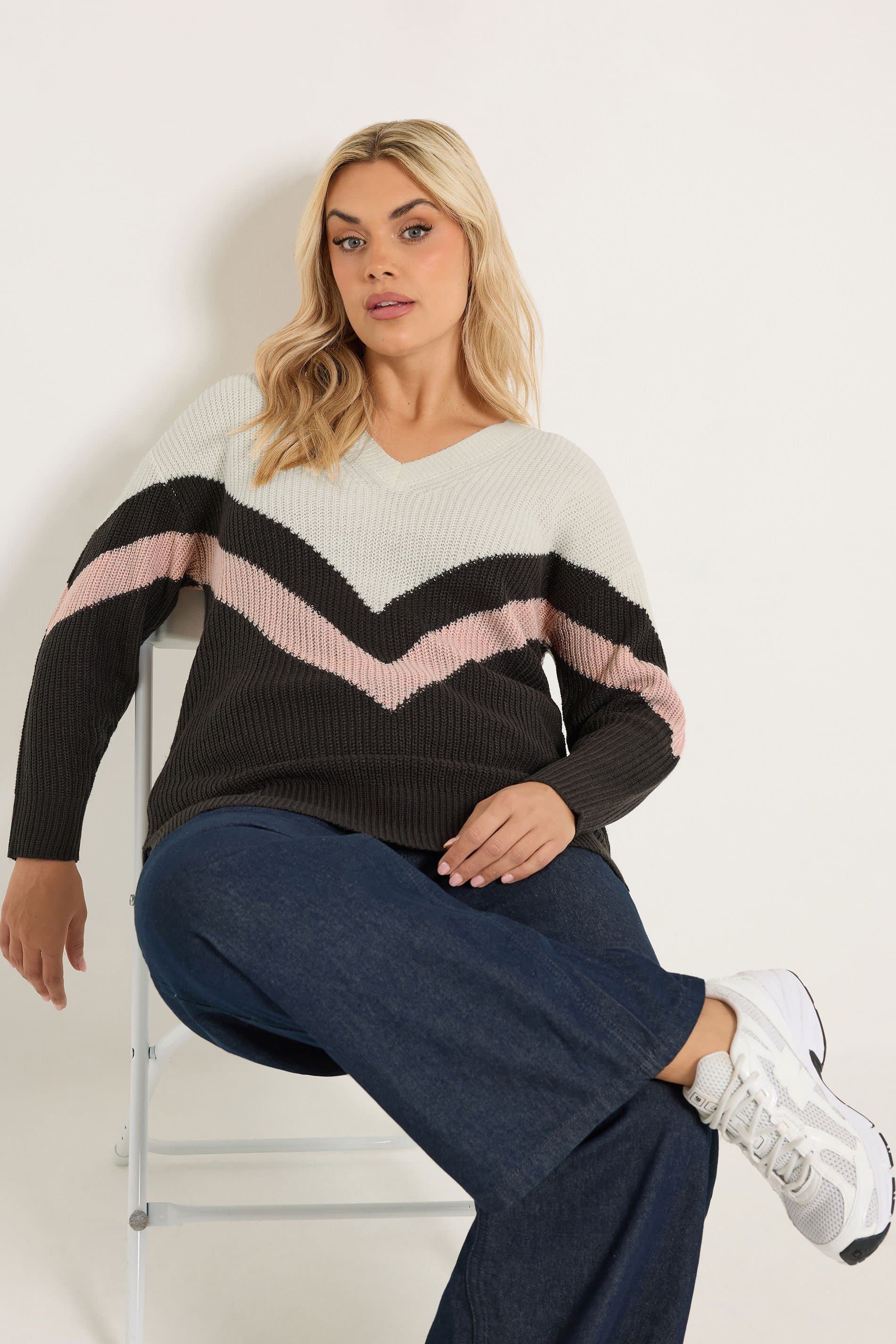 Yours Plus Size Grey & Pink Colourblock Jumper