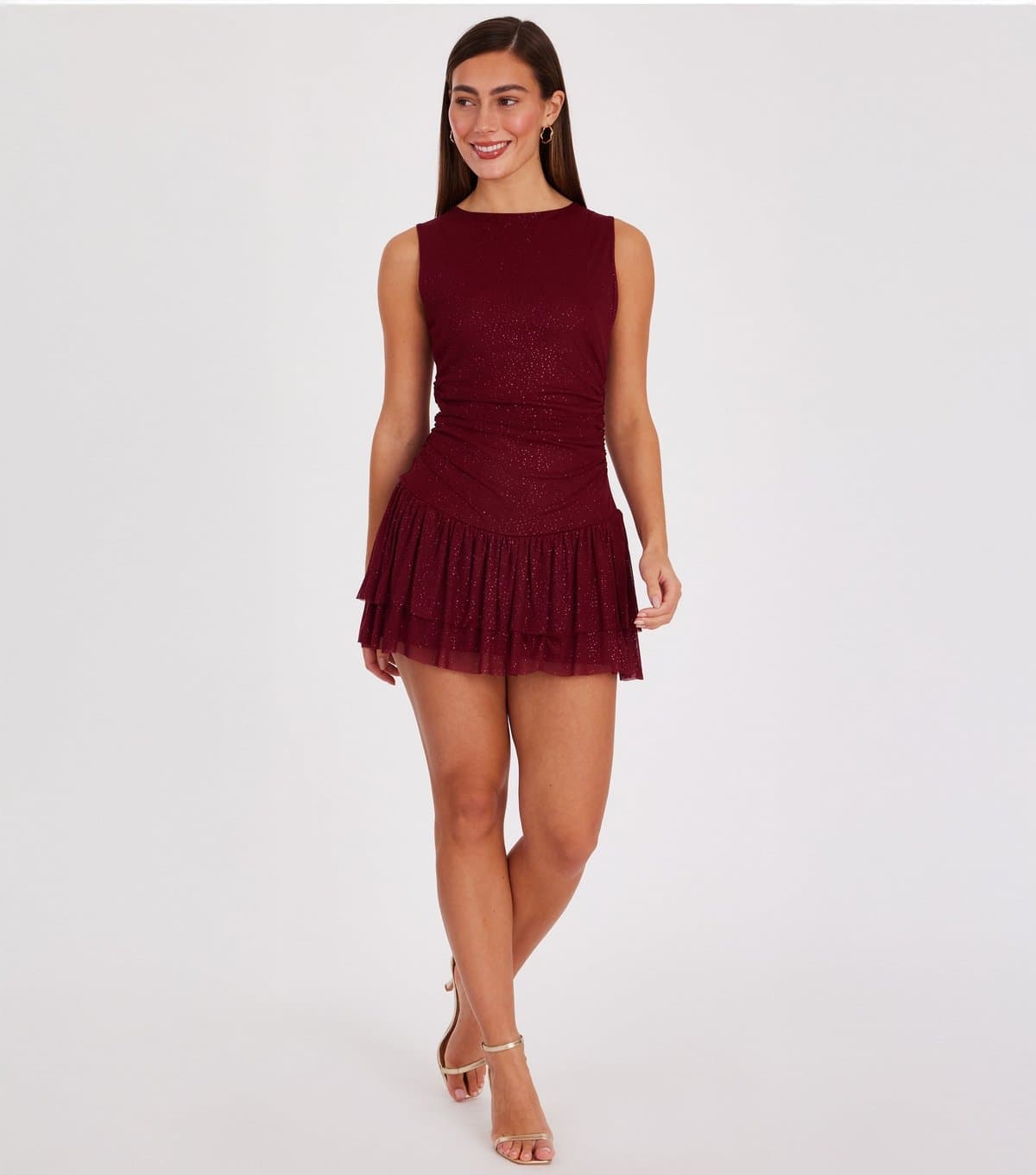 Quiz Women's Dark Red Glitter Mesh Frill Mini Dress Quiz New Look